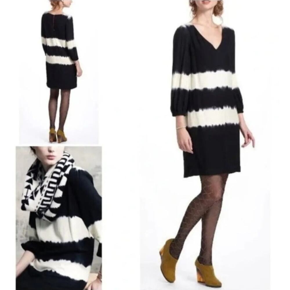 Anthropologie Floreat cream black inkwash tie dye V neck long sleeve dress 2